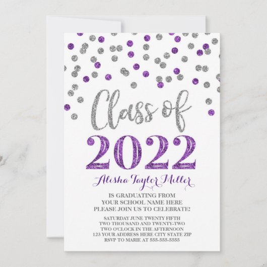 Silver Paarse Confetti Graduation Party 2022 Kaart (Voorkant)