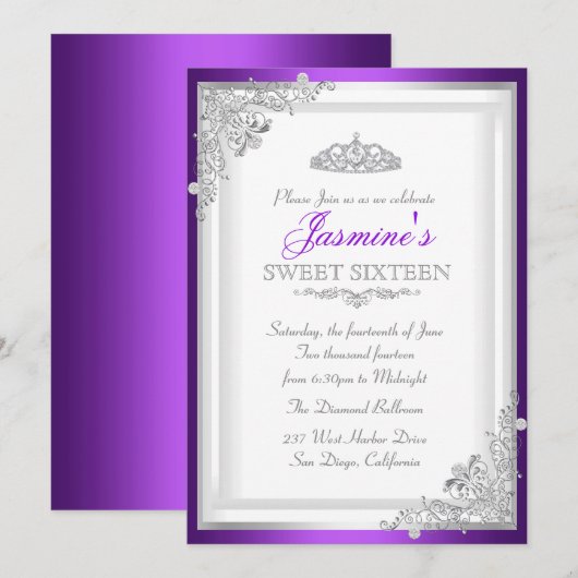 Silver Paarse Damask & Tiara Sweet 16 Uitnodiging (Voorkant / Achterkant)
