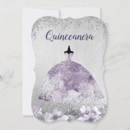 Silver Paarse Dress Floral Quinceanera Invite Kaart
