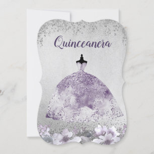 Silver Paarse Dress Floral Quinceanera Invite Kaart