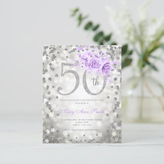 Silver Paarse Floral 50th Birthday Lights Invite (Staand voorkant)