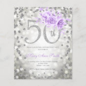 Silver Paarse Floral 50th Birthday Lights Invite (Voorkant)