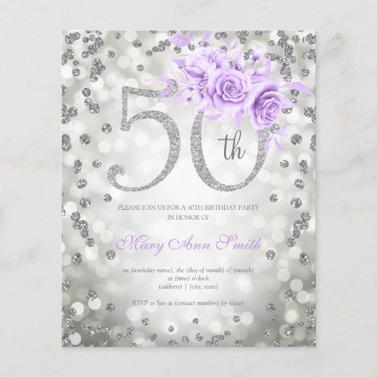 Silver Paarse Floral 50th Birthday Lights Invite (Voorkant)