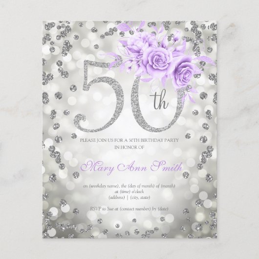 Silver Paarse Floral 50th Birthday Lights Invite Flyer (Voorkant)