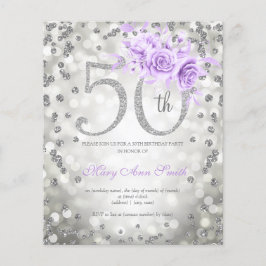 Silver Paarse Floral 50th Birthday Lights Invite Flyer