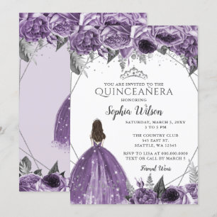 Silver Paarse Floral Princess Quinceañera Kaart