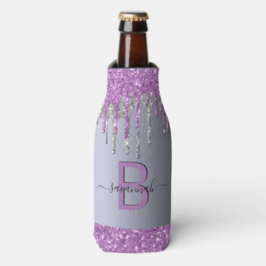 Silver paarse glitter-monogram - verjaardag flesjeskoeler (Fles Voorkant)