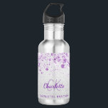 Silver paarse glitter monogram waterfles<br><div class="desc">Een faux zilver uitziende achtergrond met paarse faux glitterstof. Paarse tekst. Personaliseer en voeg uw monogram initialen,  uw voornaam en volledige naam toe.</div>