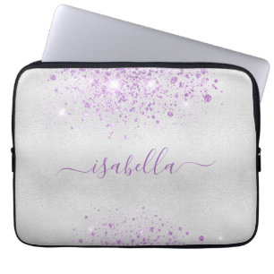 Silver paarse glitter-naamscript laptop sleeve