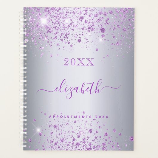 Silver paarse glitter-naamscript planner (Voorkant)