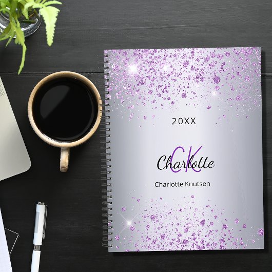 Silver paarse glitter name monogram 2023 planner