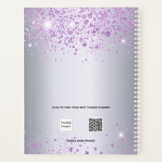 Silver paarse glitter name monogram 2023 planner (Achterkant)