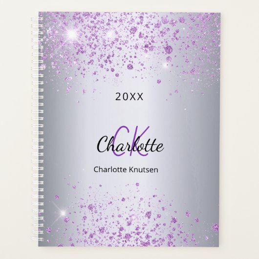 Silver paarse glitter name monogram 2023 planner (Voorkant)