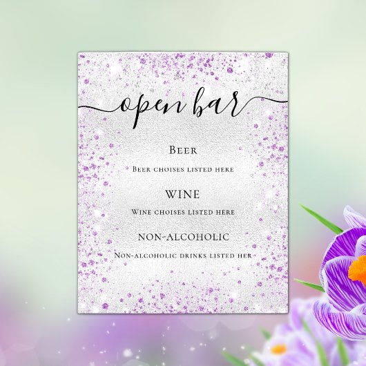 Silver paarse glitter sparkles bar budget menu