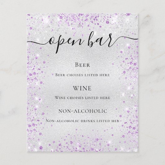 Silver paarse glitter sparkles script bar menu (Voorkant)