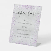 Silver paarse glitter sparkles script bar menu reclamebord met voetstuk (Voorkant)