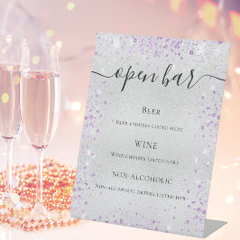 Silver paarse glitter sparkles script bar menu reclamebord met voetstuk