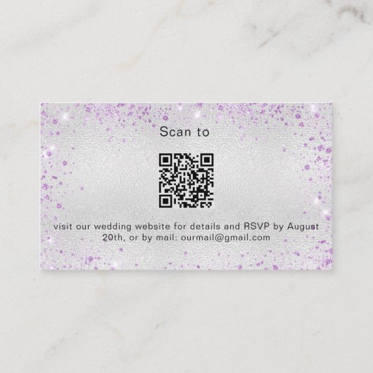 Silver paarse glitter trouwwebsite RSVP QR-code Informatiekaartje (Achterkant)