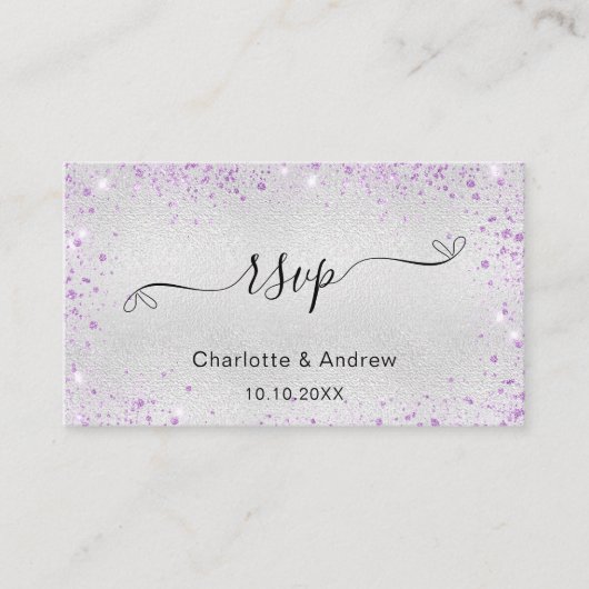 Silver paarse glitter trouwwebsite RSVP QR-code Informatiekaartje (Voorkant)