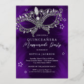 Silver Paarse Masquerade Mask Star Quinceanera Folie Uitnodiging (Voorkant)