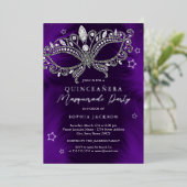 Silver Paarse Masquerade Mask Star Quinceanera Folie Uitnodiging (Staand Voorkant)