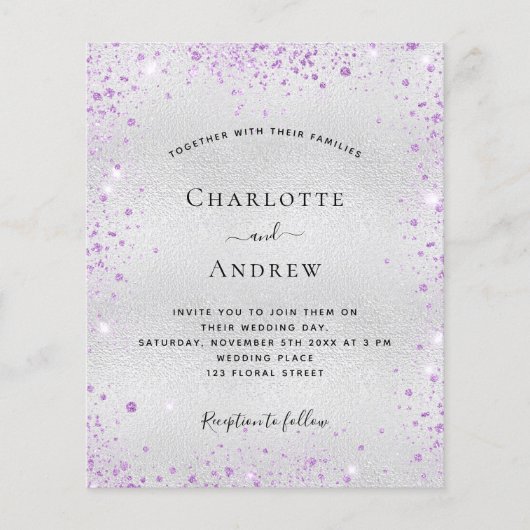 Silver paarse QR RSVP budget bruiloft uitnodiging Flyer (Voorkant)