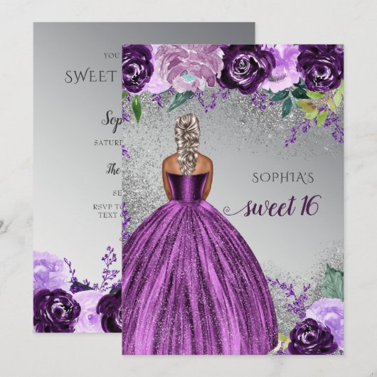 Silver Paarse Sparkle Dress Sweet 16 jaar Kaart (Voorkant / Achterkant)