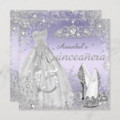 Silver & Paarse Sparkle Dress & Tiara Quinceanera Kaart (Voorkant / Achterkant)