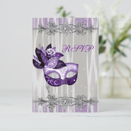 Silver Paarse Sparkle Paarse Masquerade Party RSVP (Staand voorkant)