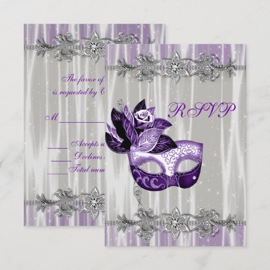 Silver Paarse Sparkle Paarse Masquerade Party RSVP (Voorkant / Achterkant)