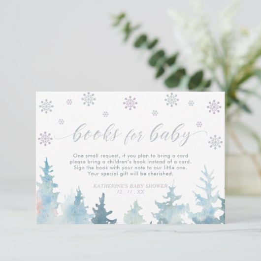 Silver & Paarse Winter Wonderland Boeken voor Baby Informatiekaartje (Staand voorkant)