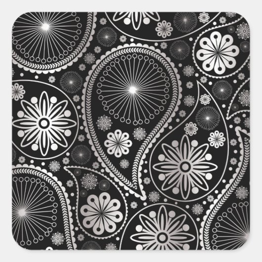 Silver paisley-patroon vierkante sticker (Voorkant)