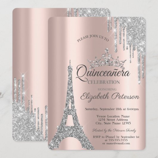 Silver Paris Eiffeltoren, Drips Quinceañera Kaart (Voorkant / Achterkant)