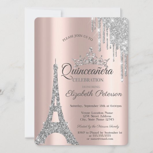 Silver Paris Eiffeltoren, Drips Quinceañera Kaart (Voorkant)