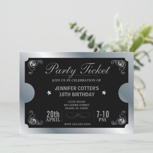Silver Party Ticket Kaart (Staand voorkant)