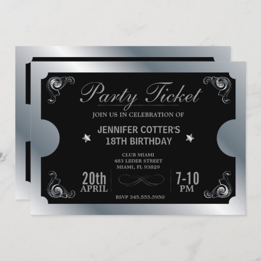 Silver Party Ticket Kaart (Voorkant / Achterkant)