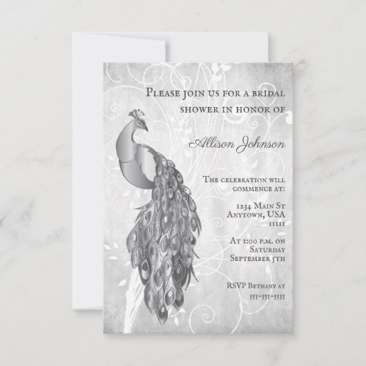 Silver Peacock Bridal Shower-uitnodiging Kaart (Voorkant)