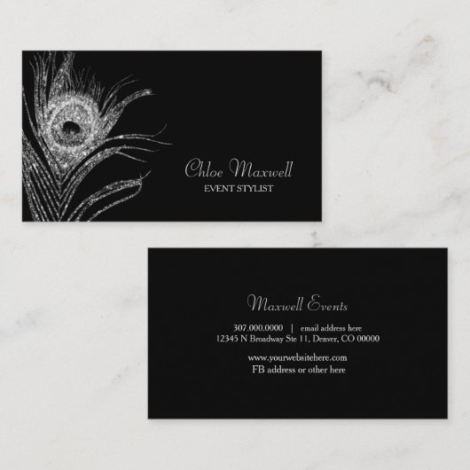 Silver Peacock Feather Minimalist Visitekaartje (Voorkant / Achterkant)