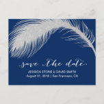 Silver Peacock Feather Navy Blue Save the Date Aankondigingskaart<br><div class="desc">Silver Peacock Feather Navy Blue Wedding Save the Date Announements.</div>