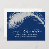 Silver Peacock Feather Navy Blue Save the Date Aankondigingskaart (Voorkant / Achterkant)