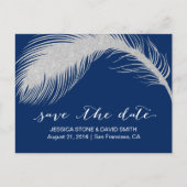 Silver Peacock Feather Navy Blue Save the Date Aankondigingskaart (Voorkant)