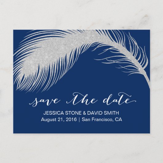 Silver Peacock Feather Navy Blue Save the Date Aankondigingskaart (Voorkant)