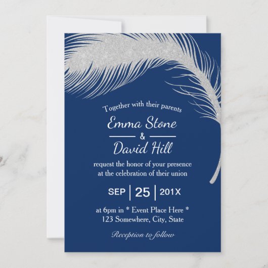 Silver Peacock Feather Navy Blue Wedding Kaart (Voorkant)