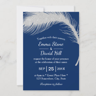 Silver Peacock Feather Navy Blue Wedding Kaart