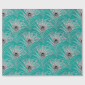 Silver Peacock Feathers op Blauwgroen Cadeaupapier (Vlak)