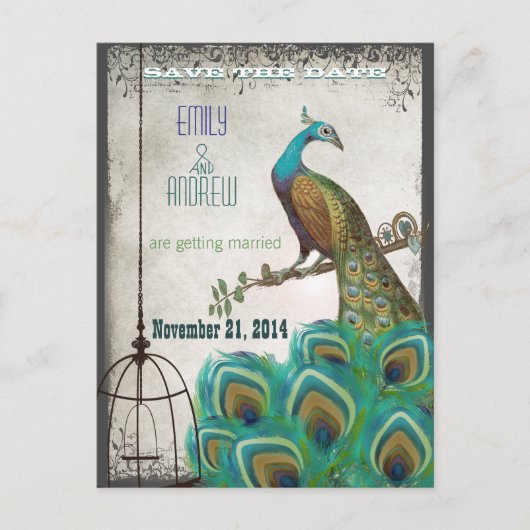 Silver Peacock Feathers Vogelkooi Save the Date Aankondigingskaart (Voorkant)