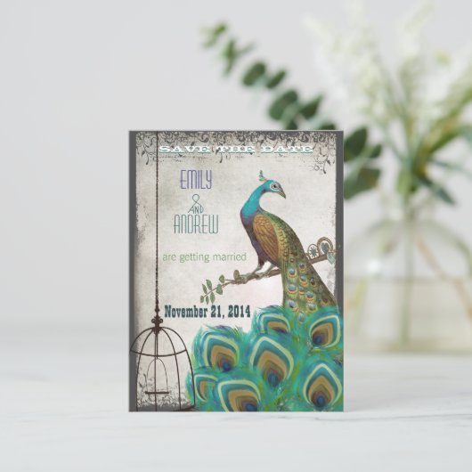 Silver Peacock Feathers Vogelkooi Save the Date Aankondigingskaart (Staand voorkant)