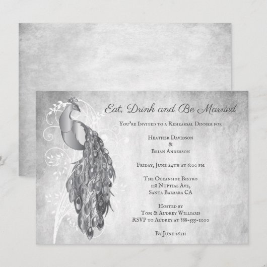 Silver Peacock Rehearsal Dinner Invitation Kaart (Voorkant / Achterkant)