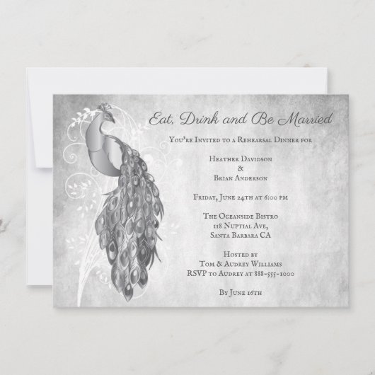 Silver Peacock Rehearsal Dinner Invitation Kaart (Voorkant)