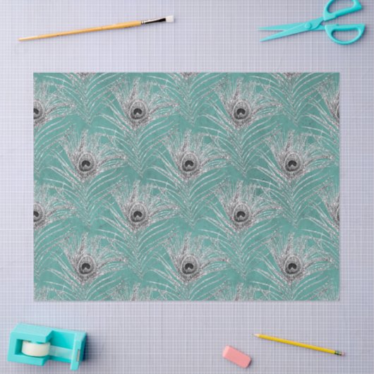 Silver Peacock-veren op Blauwgroen ontkoppeling Tissuepapier (Craft)